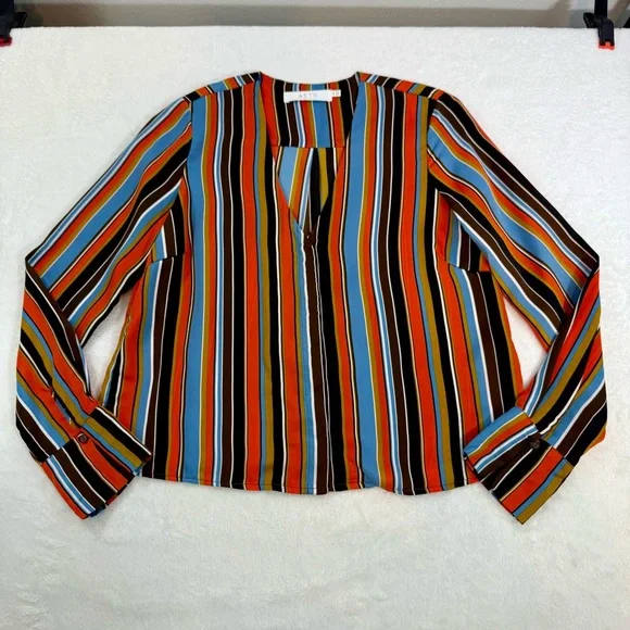 ASTR The Label Doreen Orange Multi Striped Satin Button-Up Long Sleeve Top Sz XS - Picture 4 of 10